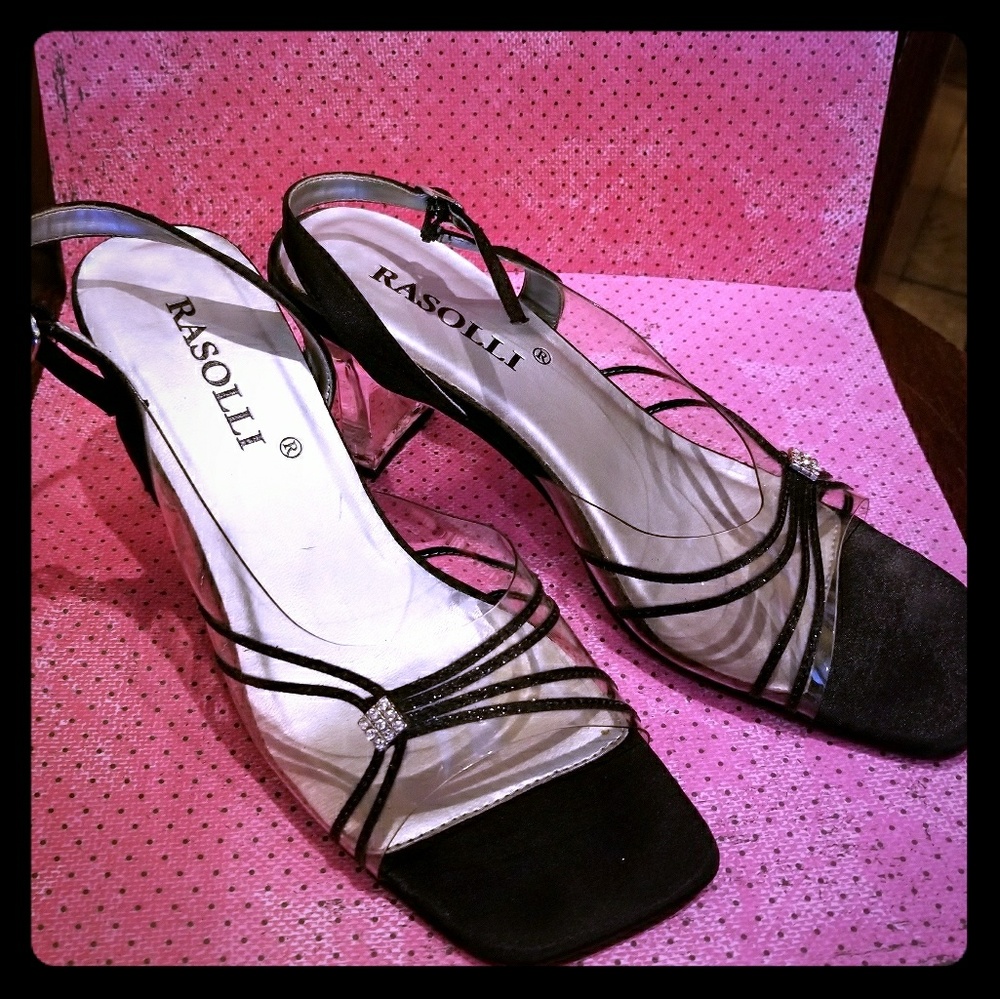 Open Toe Black Shimmer Dress Heel